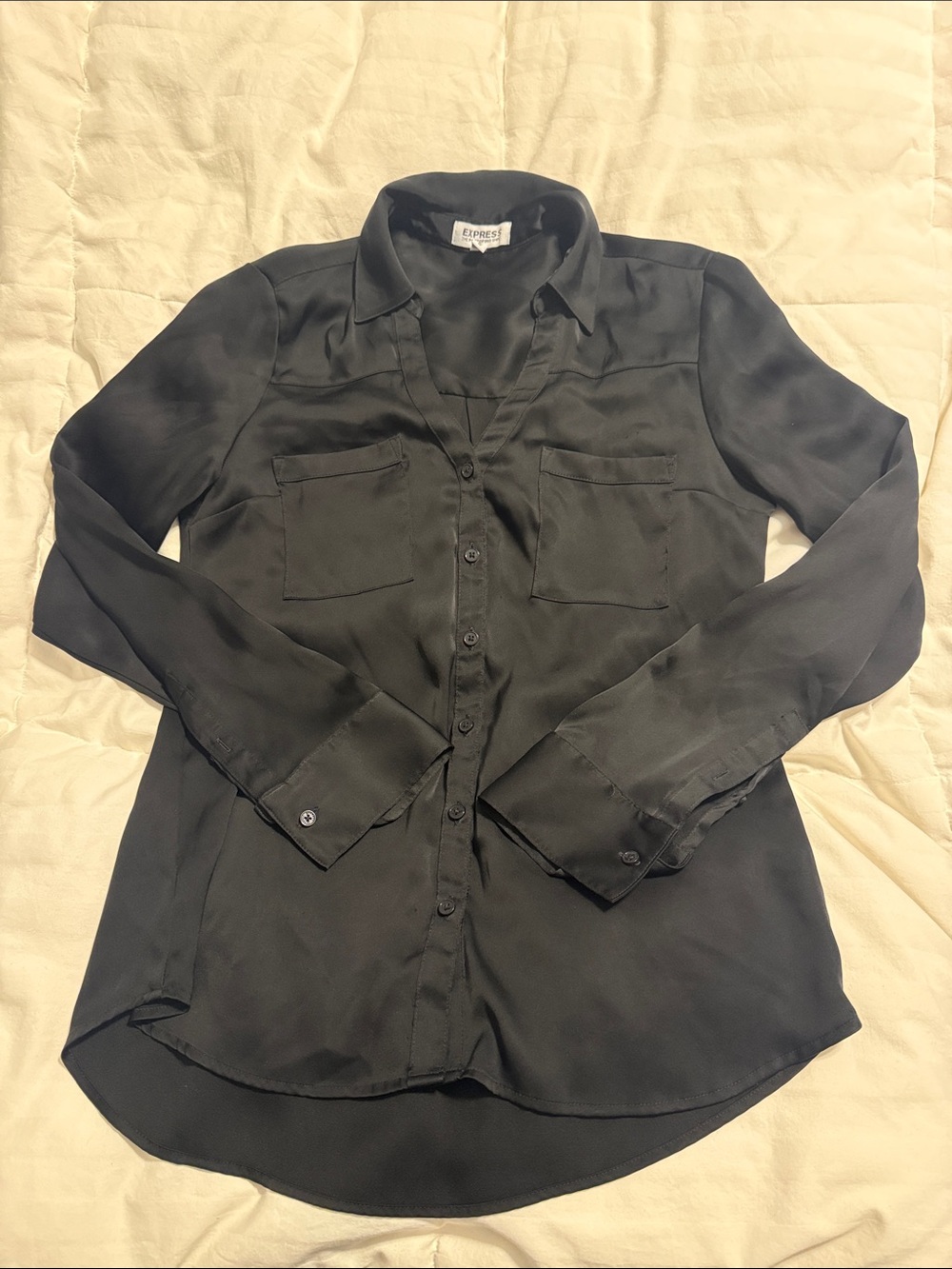 Express - Black Long-Sleeve Button-Down Satin Portofino Blouse - Extra Small